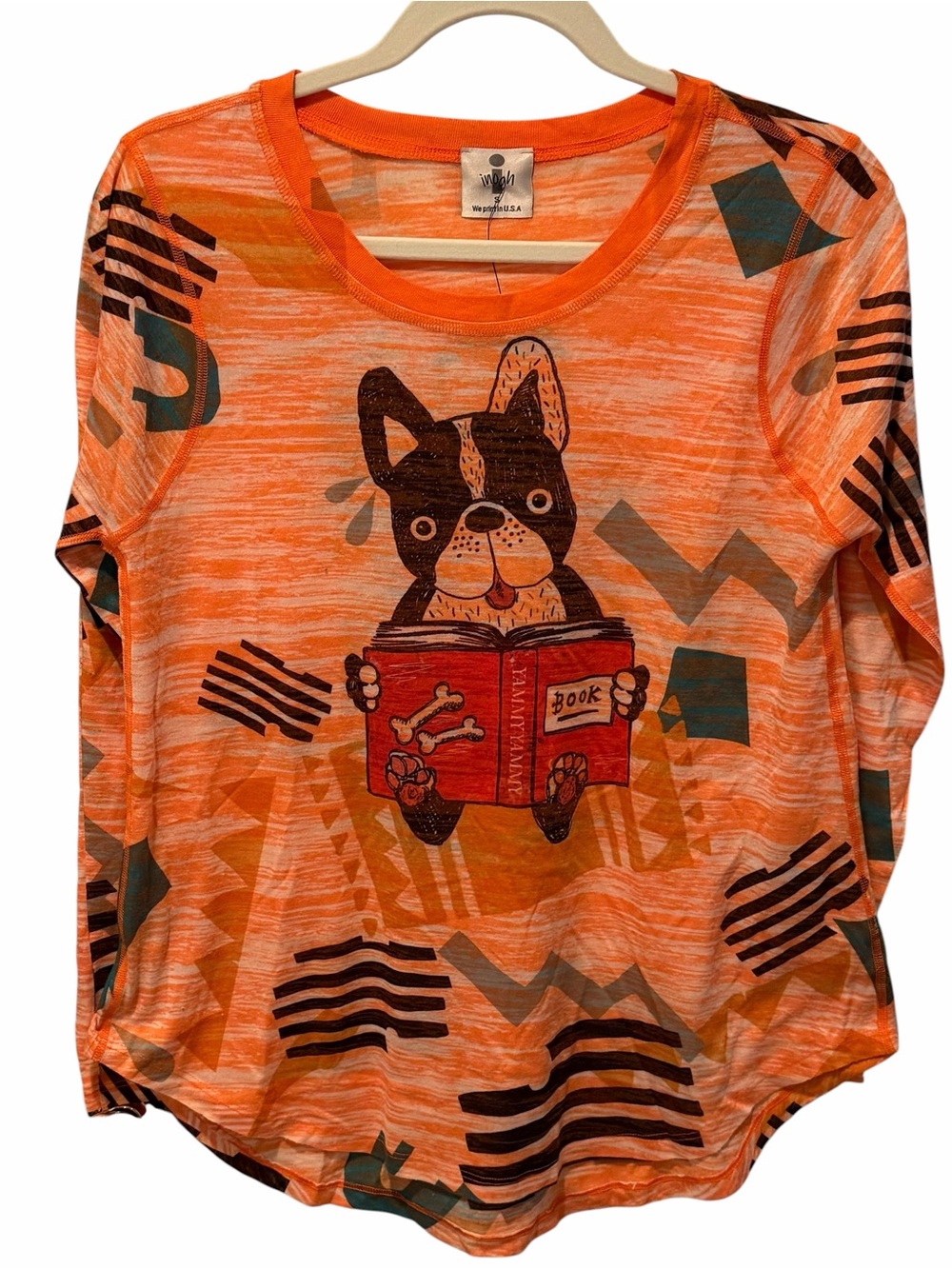 Inoah Boston Terrier Reading Book Top Small NWT Orange Graphic Dog Shirt